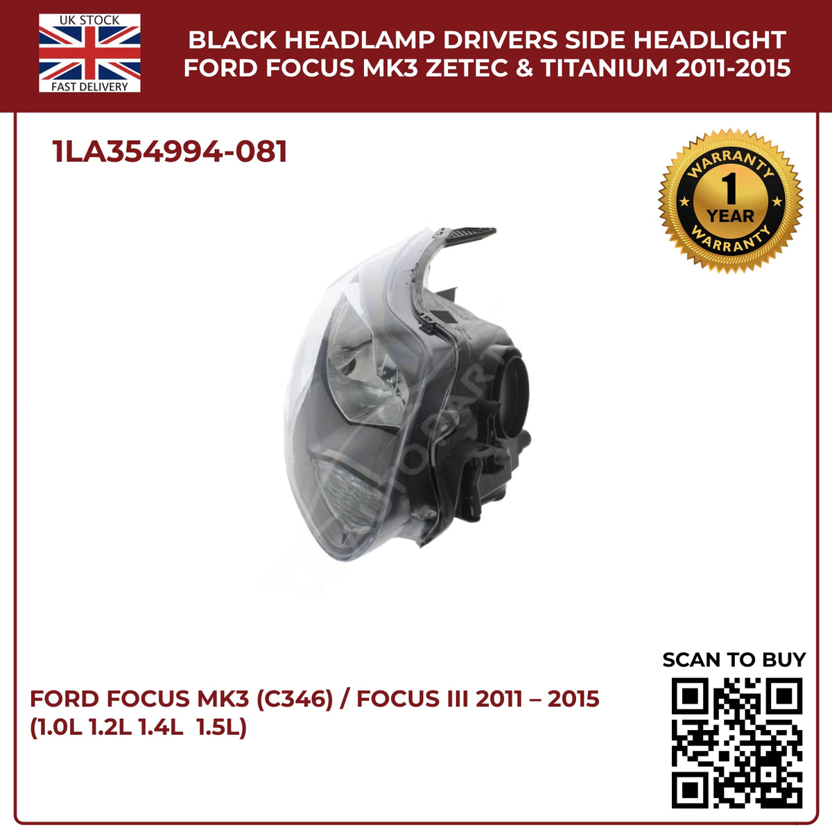 Ford Focus Mk3 Headlight Black Halogen Assembly (Driver Side, Zetec & Titanium 2011–2015)