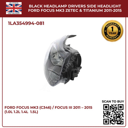 Ford Focus Mk3 Headlight Black Halogen Assembly (Driver Side, Zetec & Titanium 2011–2015)