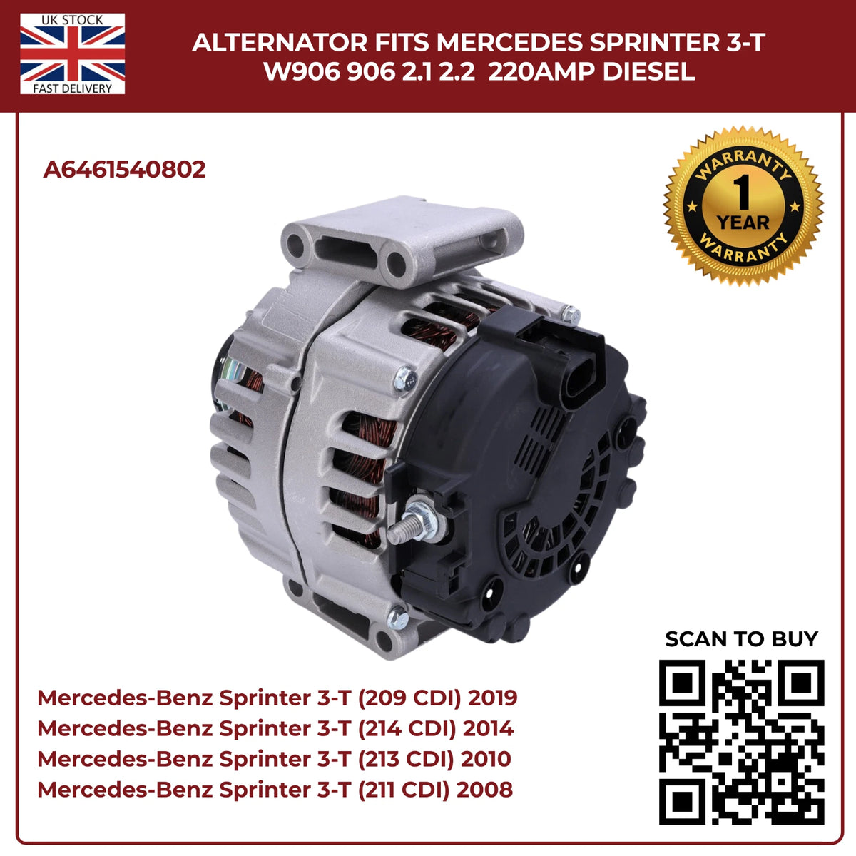 220AMP Alternator Fits Mercedes-Benz Sprinter W906 (2006–2018) 2.1L / 2.2L Diesel – OEM A6461540802 Replacement