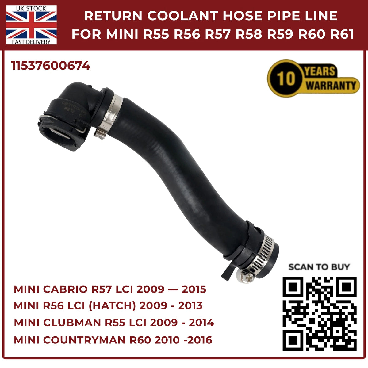 Return Coolant Hose Pipe Line For MINI R55 R56 R57 R58 R59 R60 R61 11537600674