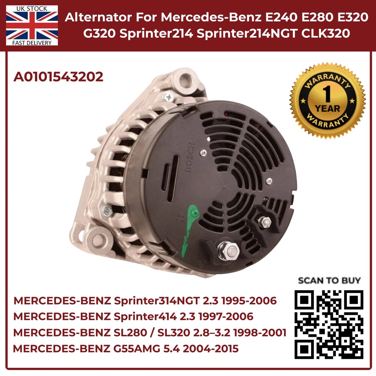 Mercedes-Benz Alternator A0101543202 – Fits E240, E280, E320, G320 (2.4 / 2.6 / 3.2 Petrol, 1995–2002)