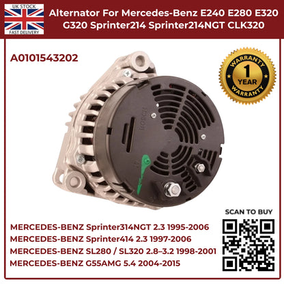 Mercedes-Benz Alternator A0101543202 – Fits E240, E280, E320, G320 (2.4 / 2.6 / 3.2 Petrol, 1995–2002)