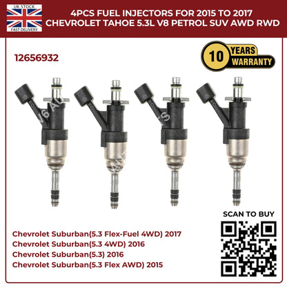 4x High-Flow Fuel Injectors For Chevrolet Tahoe 2015–2017 5.3L V8 Petrol SUV AWD/RWD | OEM Direct-Fit Replacement