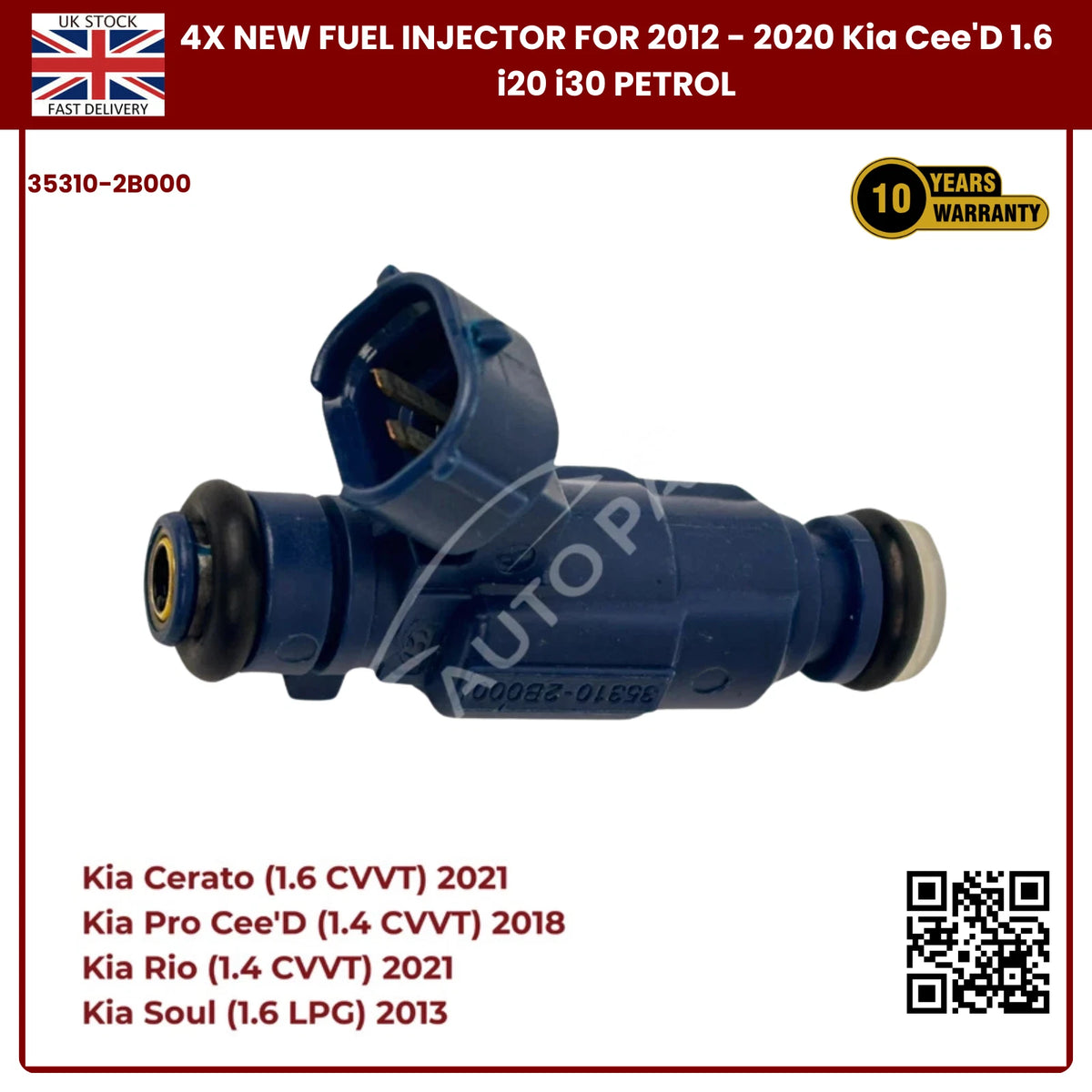 4x Fuel Injector 35310-2B000 | Fits Kia Cee’D, i20, i30 (2012–2020) 1.6 Petrol | OE Replacement
