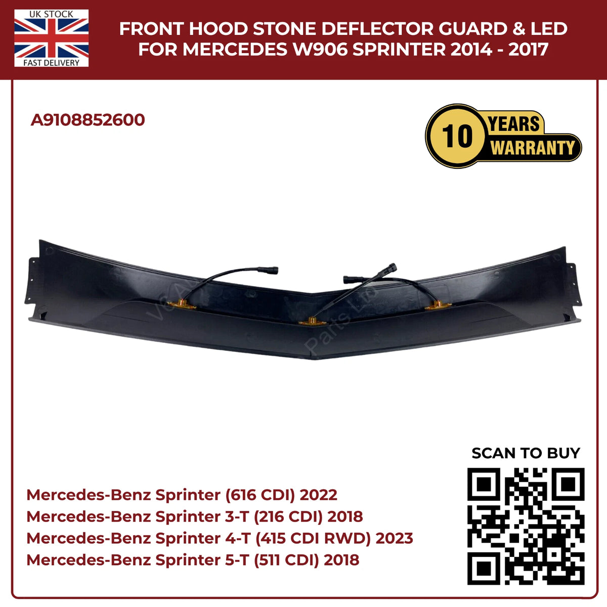 Mercedes Sprinter W906 2014–2018 Bonnet Hood Black Stone Deflector Guard With LED
