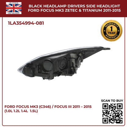 Ford Focus Mk3 Headlight Black Halogen Assembly (Driver Side, Zetec & Titanium 2011–2015)
