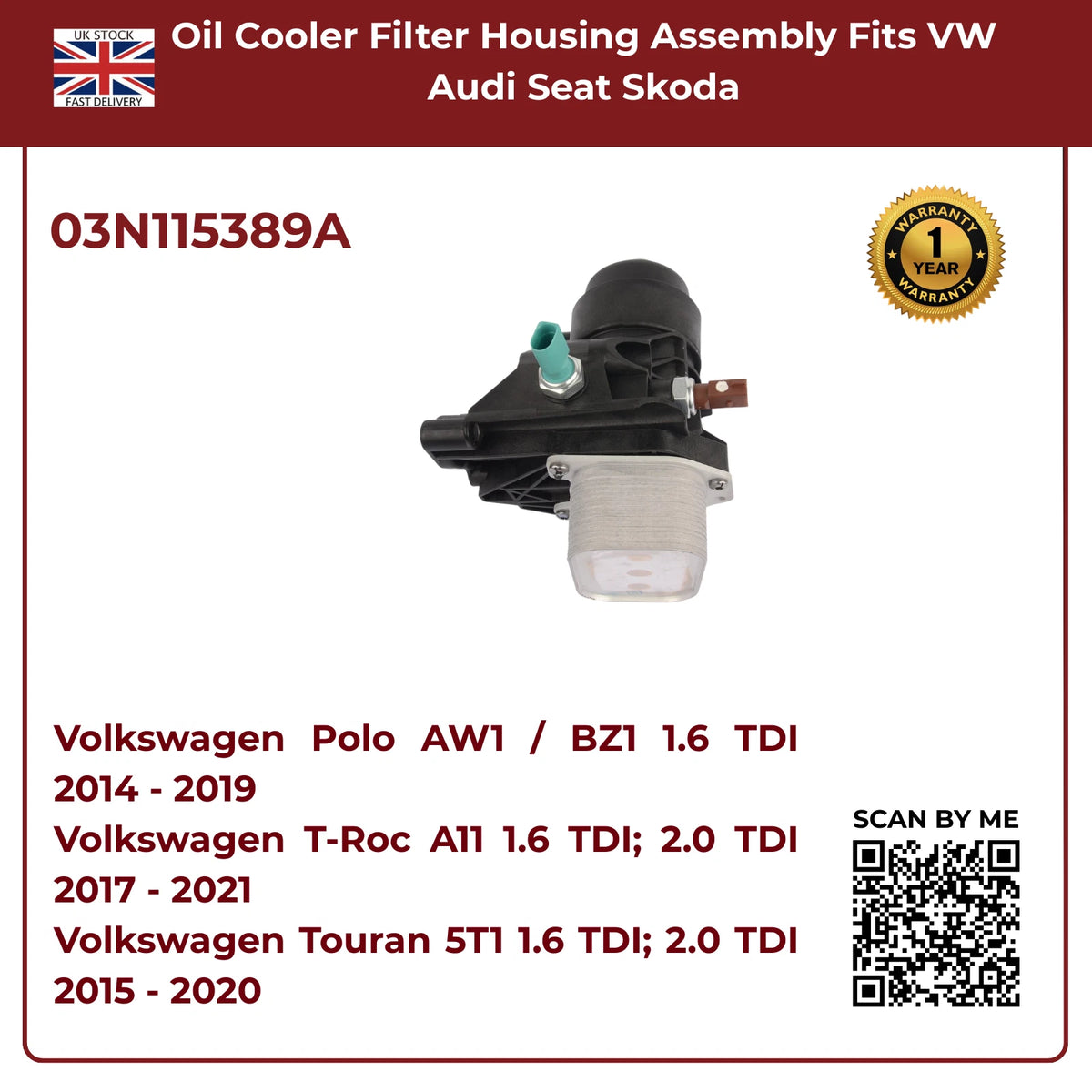 Oil Cooler Filter Housing Assembly | Fits VW, Audi, Seat, Skoda 1.6 & 2.0 TDI (2013–2020) | OE 03N115389A Replacement