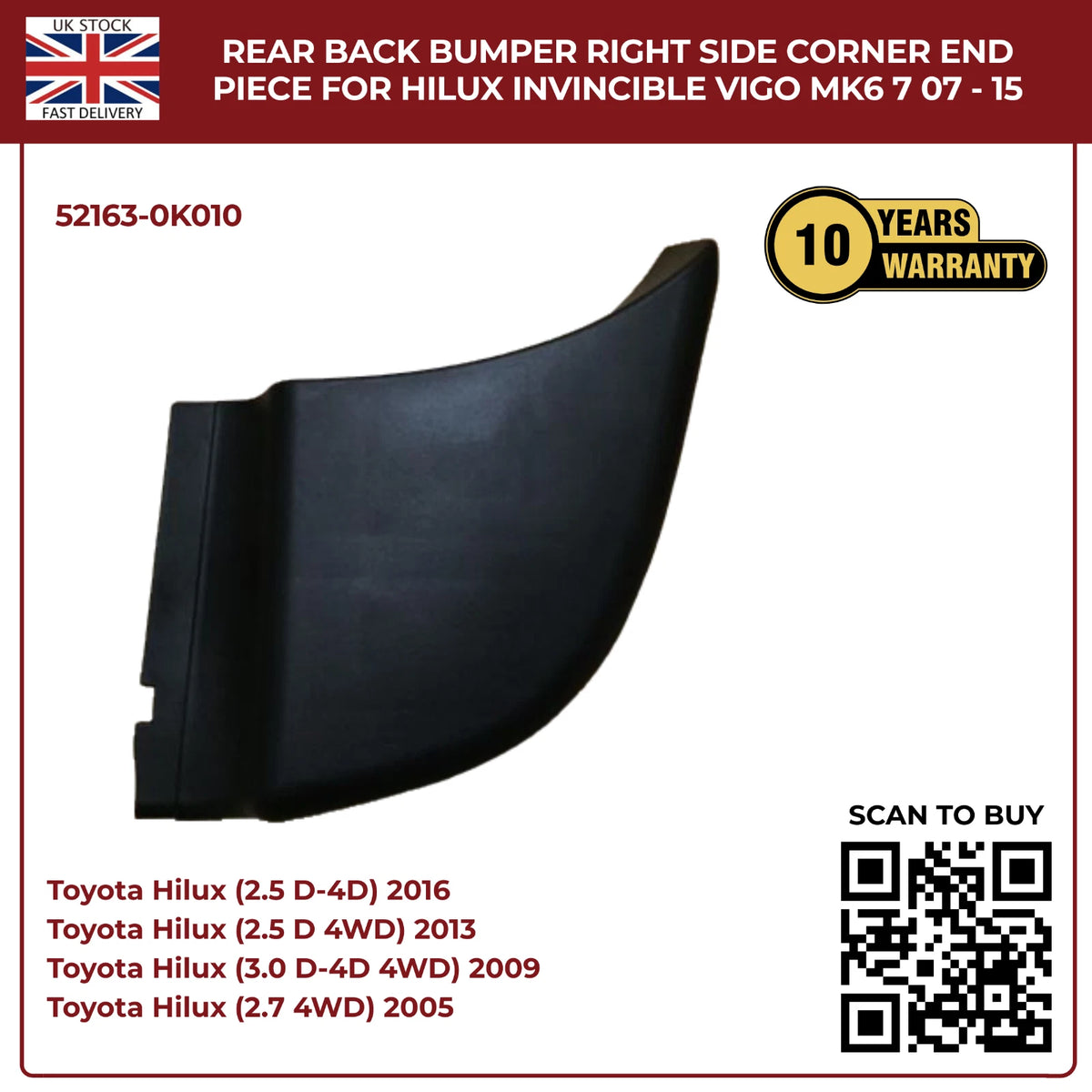 Toyota Hilux Vigo Invincible MK6 MK7 (2007–2015) Rear Bumper Right Side Corner End Piece
