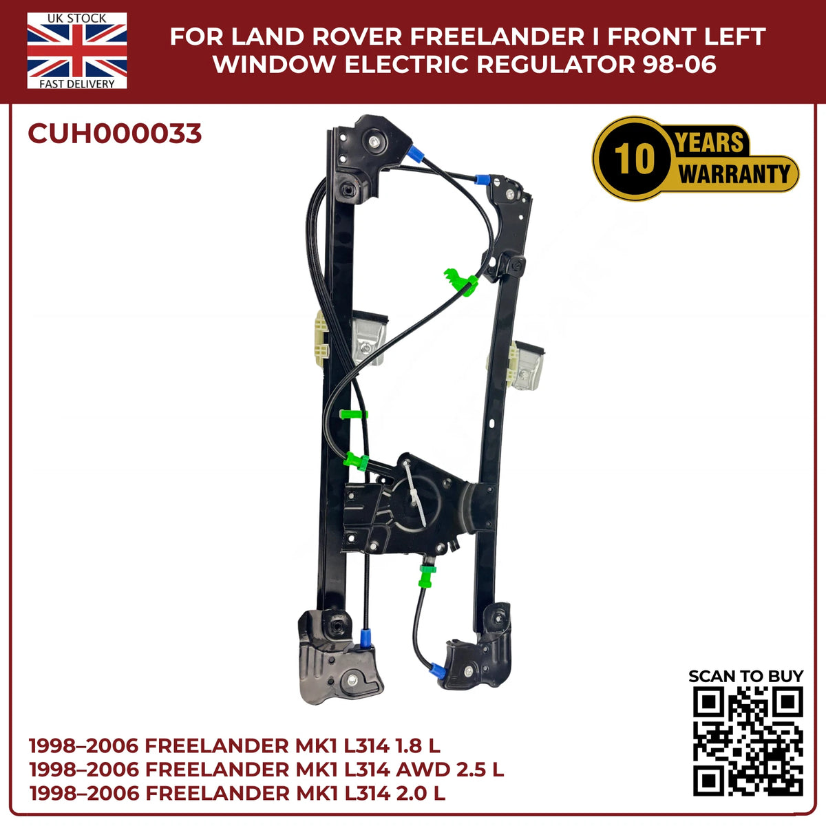 Land Rover Freelander Mk1 Front Left Window Regulator 1998–2006 CUH000033