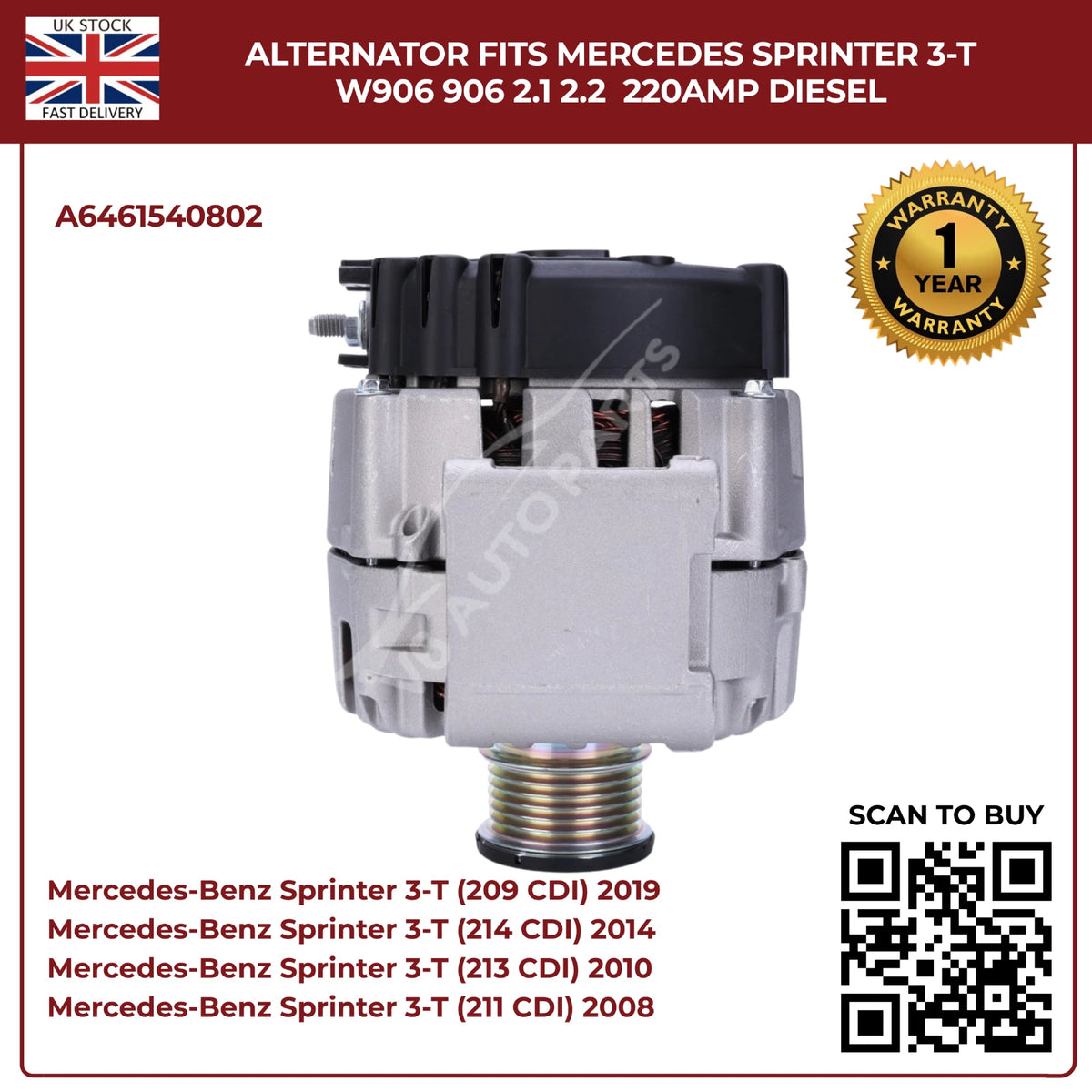 220AMP Alternator Fits Mercedes-Benz Sprinter W906 (2006–2018) 2.1L / 2.2L Diesel – OEM A6461540802 Replacement
