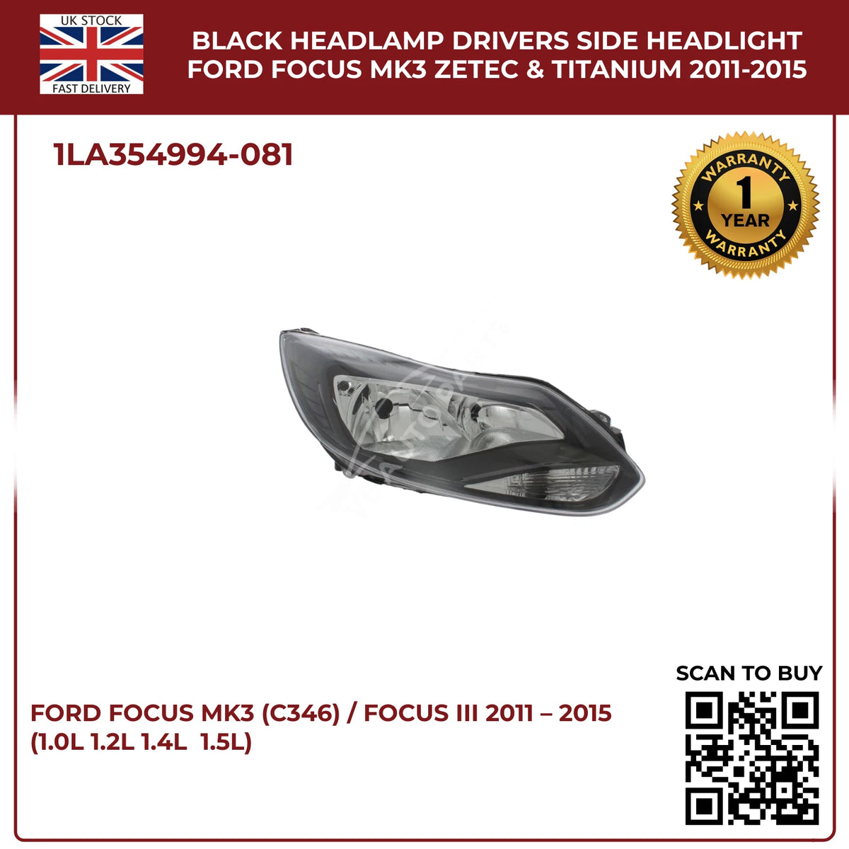 Ford Focus Mk3 Headlight Black Halogen Assembly (Driver Side, Zetec & Titanium 2011–2015)