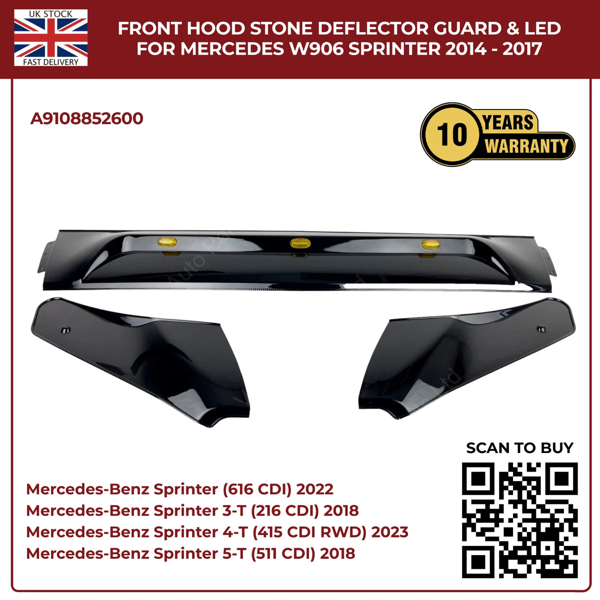 Mercedes Sprinter W906 2014–2018 Bonnet Hood Black Stone Deflector Guard With LED