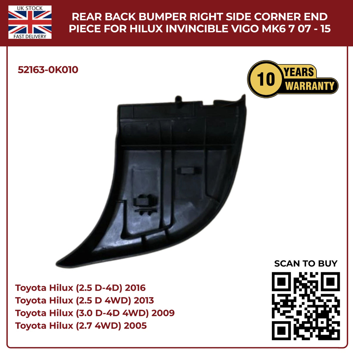 Toyota Hilux Vigo Invincible MK6 MK7 (2007–2015) Rear Bumper Right Side Corner End Piece