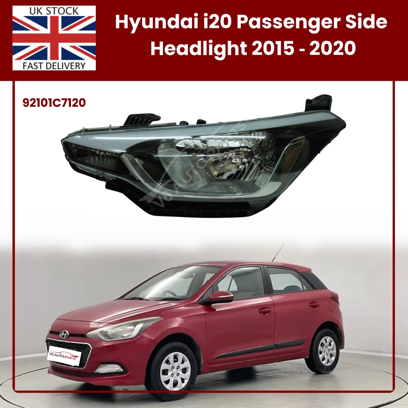 Hyundai i20 Headlight 2015–2020 | Passenger Side Halogen Lamp 7-Pin GB Model