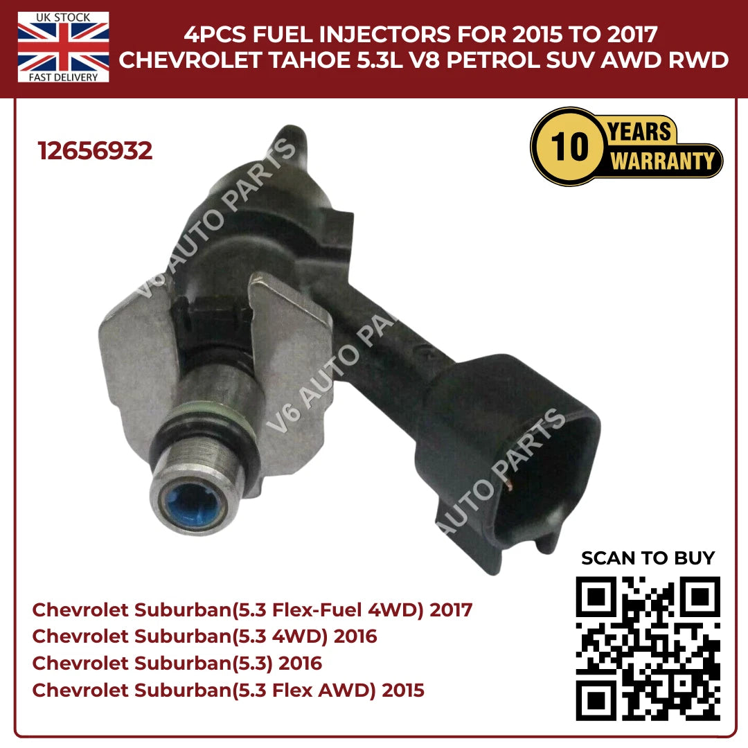 4x High-Flow Fuel Injectors For Chevrolet Tahoe 2015–2017 5.3L V8 Petrol SUV AWD/RWD | OEM Direct-Fit Replacement