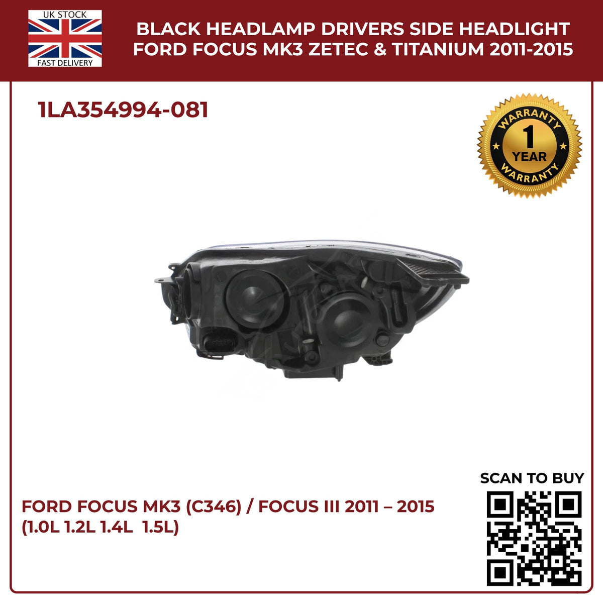 Ford Focus Mk3 Headlight Black Halogen Assembly (Driver Side, Zetec & Titanium 2011–2015)