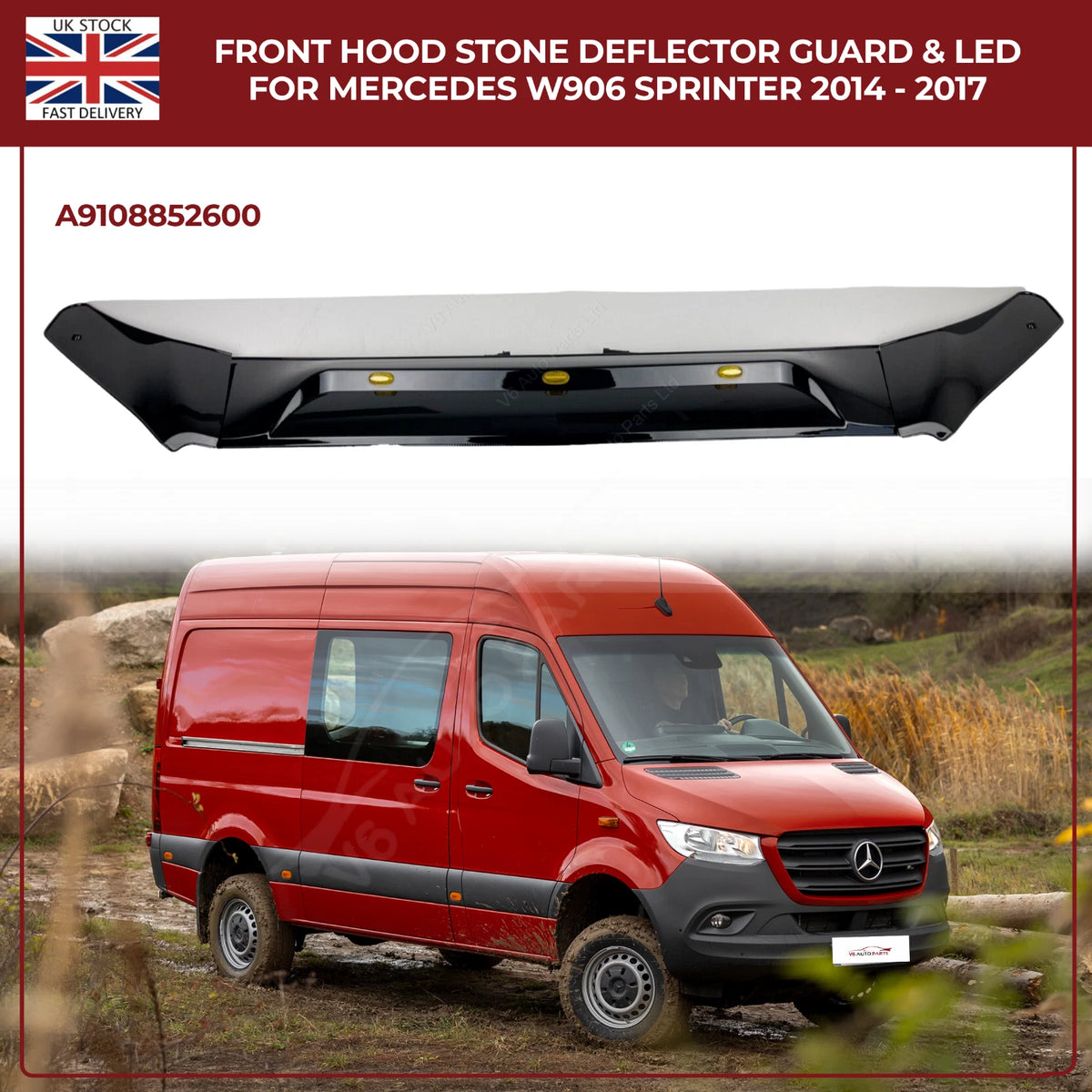 Mercedes Sprinter W906 2014–2018 Bonnet Hood Black Stone Deflector Guard With LED