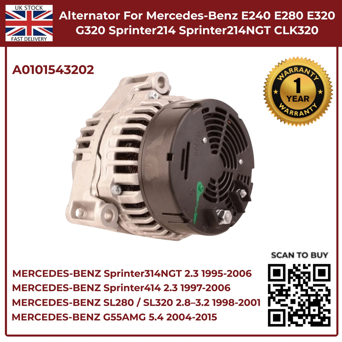 Mercedes-Benz Alternator A0101543202 – Fits E240, E280, E320, G320 (2.4 / 2.6 / 3.2 Petrol, 1995–2002)
