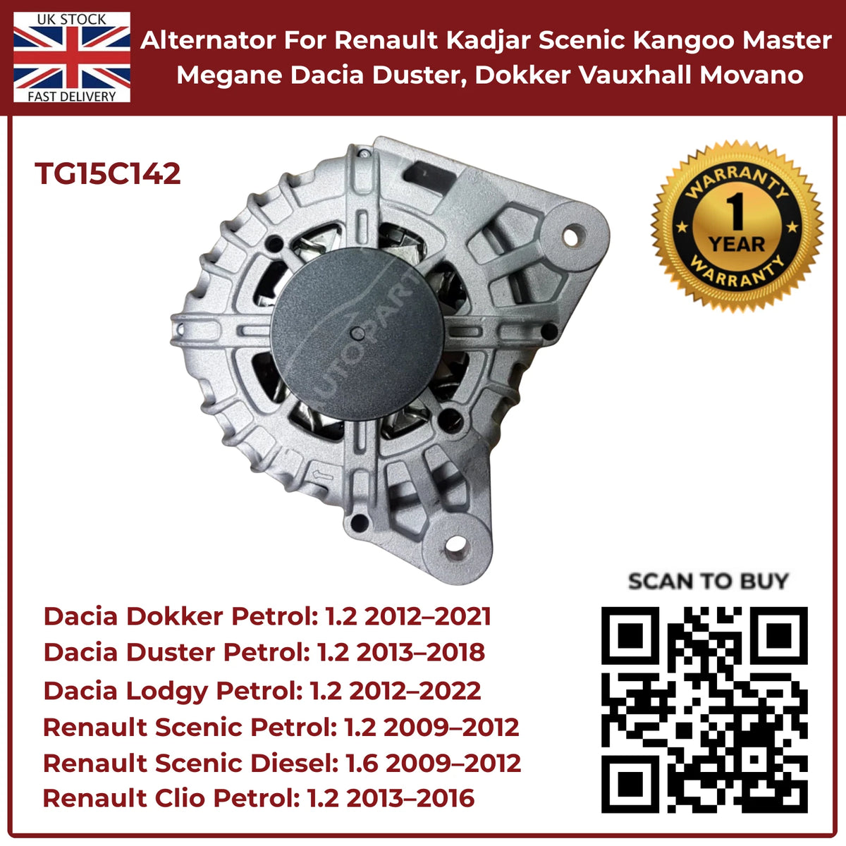 Alternator For Renault Kadjar Scenic Kangoo Master Megane Dacia Duster 1.2 Petrol 2013–2018