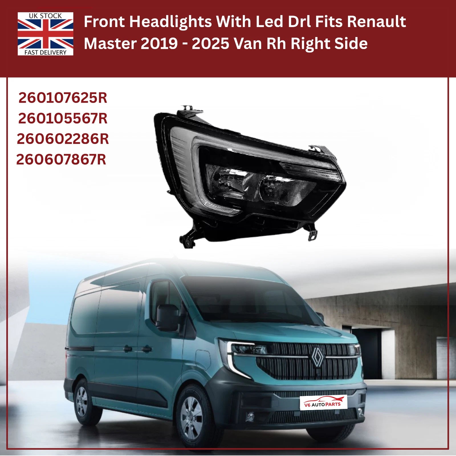 Renault Master 2019–2025 Front Right Headlight with LED DRL — Fits 2.3L, 2.5L, 3.0L Diesel