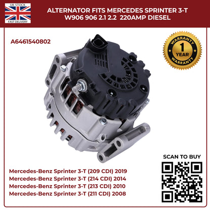 220AMP Alternator Fits Mercedes-Benz Sprinter W906 (2006–2018) 2.1L / 2.2L Diesel – OEM A6461540802 Replacement