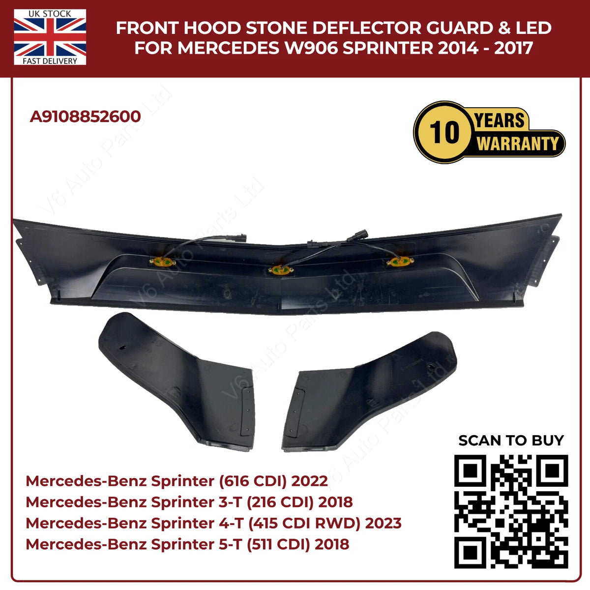 Mercedes Sprinter W906 2014–2018 Bonnet Hood Black Stone Deflector Guard With LED