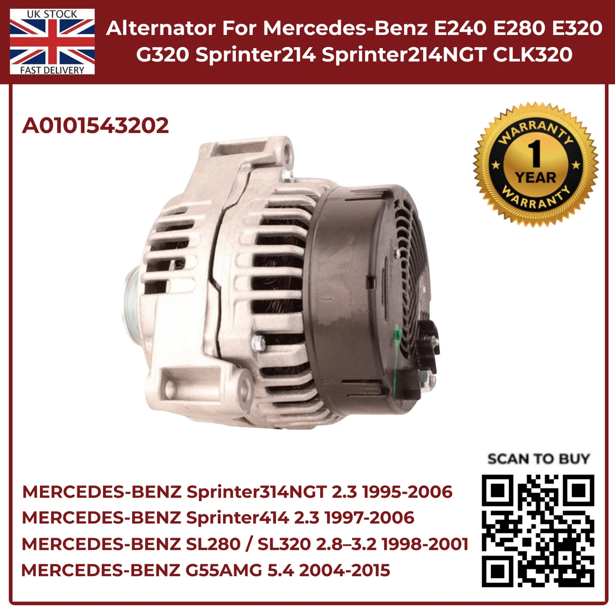 Mercedes-Benz Alternator A0101543202 – Fits E240, E280, E320, G320 (2.4 / 2.6 / 3.2 Petrol, 1995–2002)