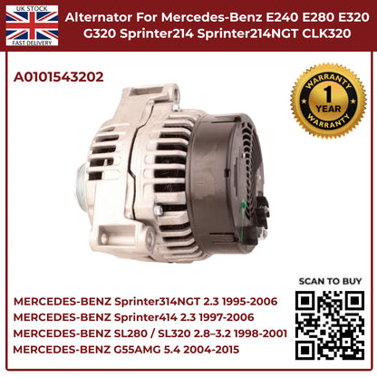 Mercedes-Benz Alternator A0101543202 – Fits E240, E280, E320, G320 (2.4 / 2.6 / 3.2 Petrol, 1995–2002)