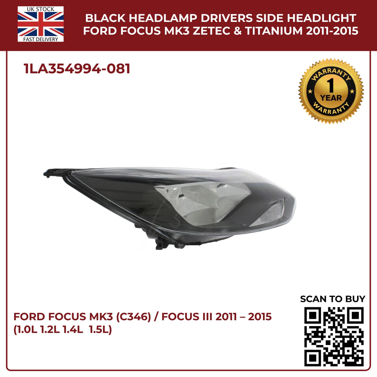 Ford Focus Mk3 Headlight Black Halogen Assembly (Driver Side, Zetec & Titanium 2011–2015)