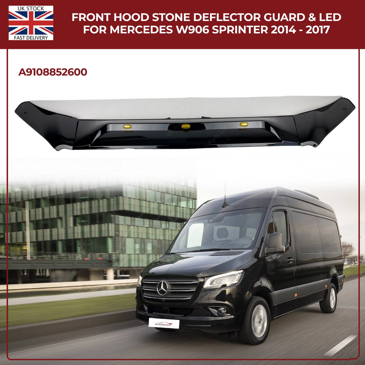 Mercedes Sprinter W906 2014–2018 Bonnet Hood Black Stone Deflector Guard With LED