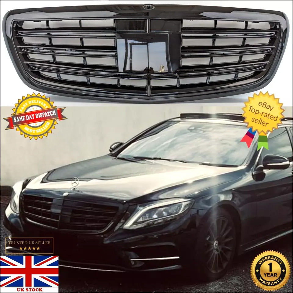 For Mercedes S-Class W222 450 S63 Compatible Front Radiator Gloss Black Grille 2014-2020