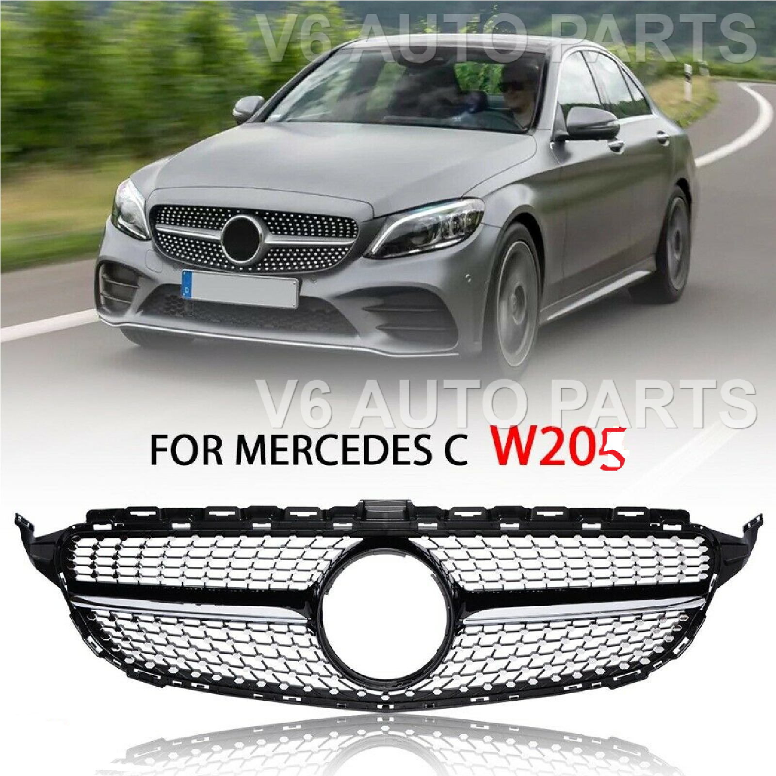 For Mercedes C-Class W205 Front Bumper Diamond Grille 18-20 S205 Grill C200 180d